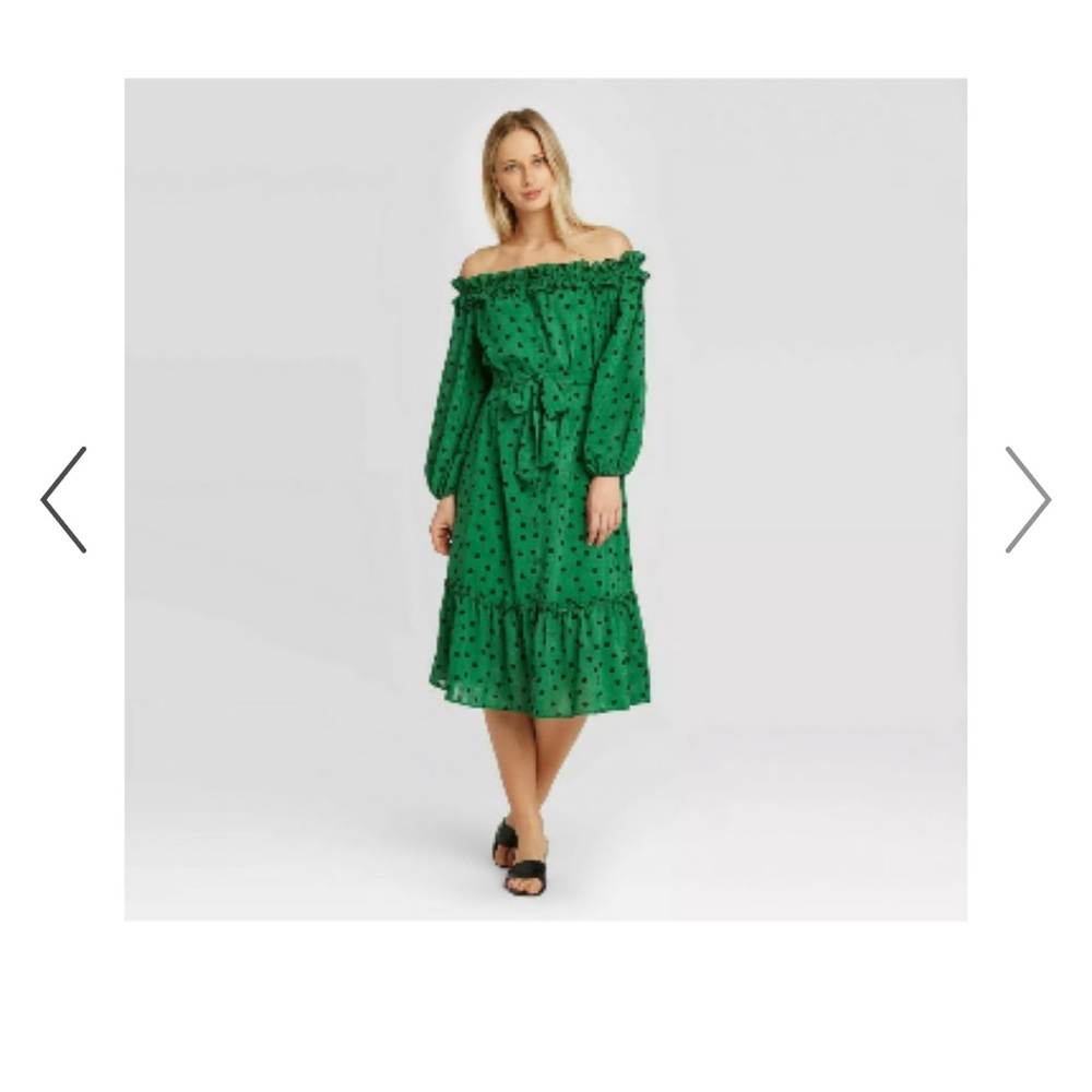 Who What Wear Green Black Polka Dot Off-Shoulder Midi Spring Dress